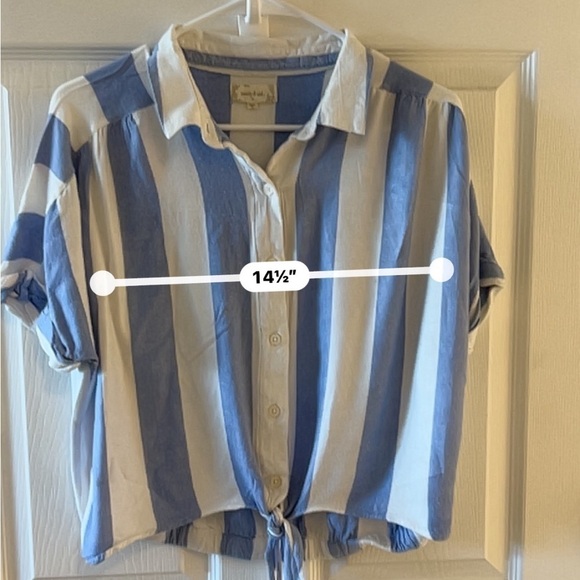 Sandy & Sid Button Front Cropped Stripe Short Sleeve Blouse Blue White Medium - Picture 6 of 9